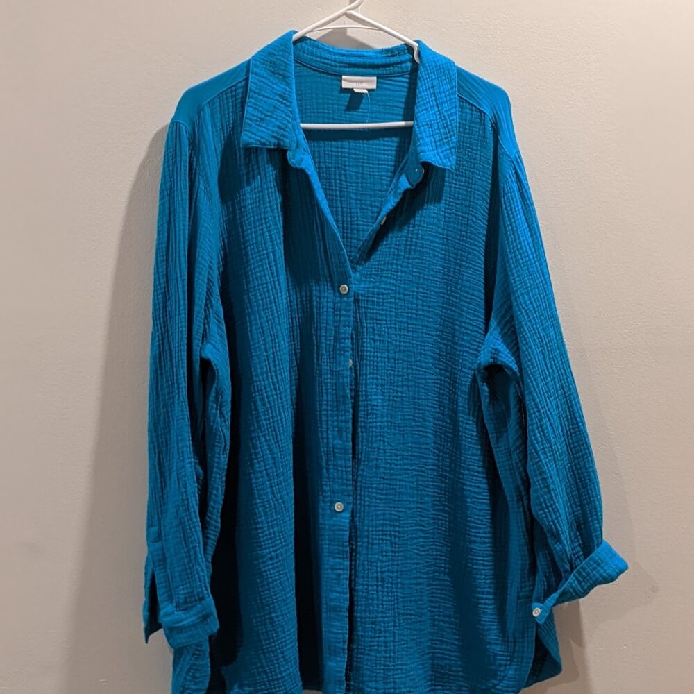 J Jill Women's Gauze Short Set Blue Long Sleeve Button Shirt/Matching Short 2X